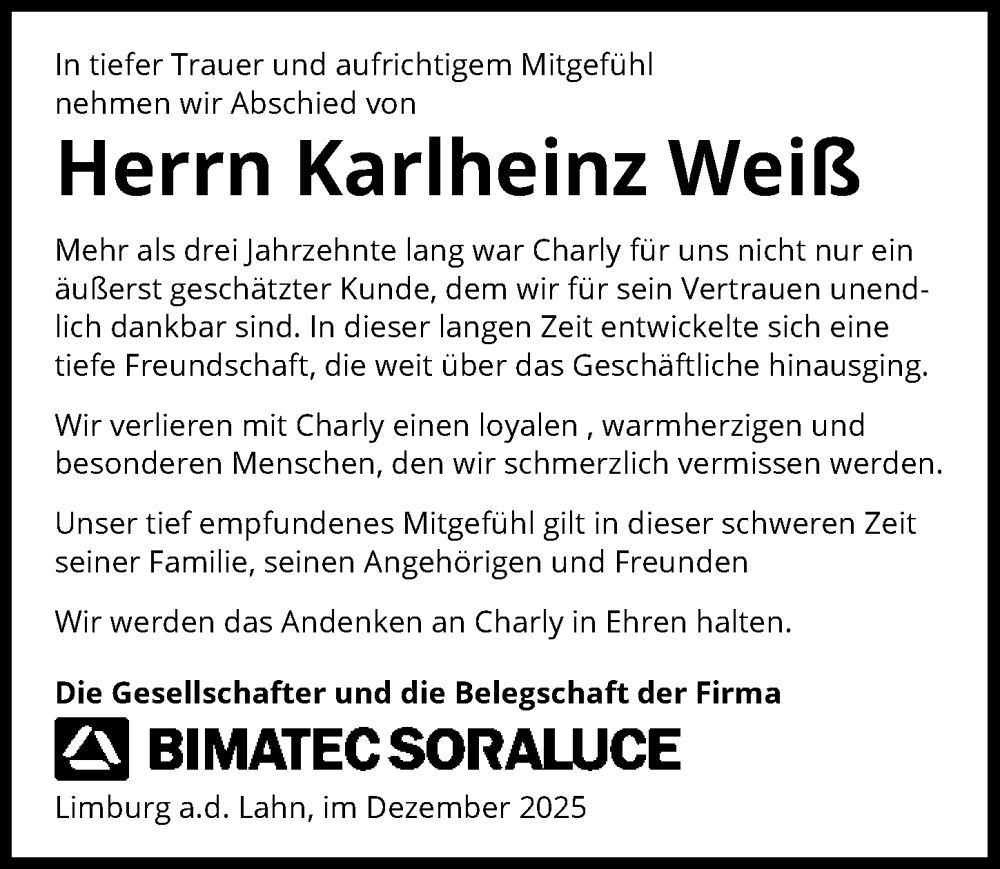  Traueranzeige für Karlheinz Weiß vom 29.12.2025 aus GESAMT