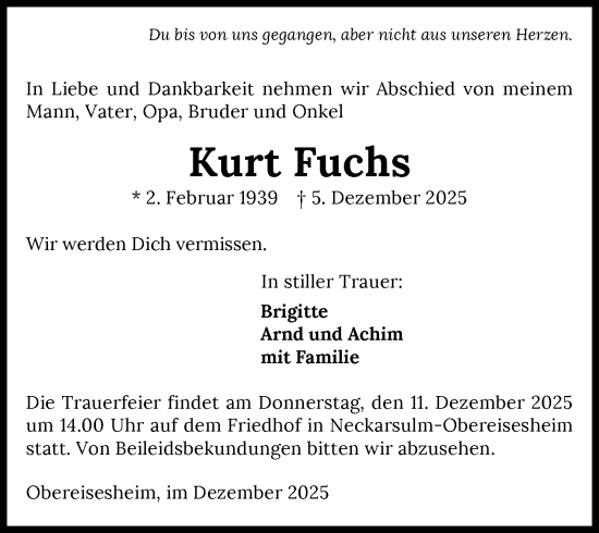 Traueranzeige von Kurt Fuchs von GESAMT