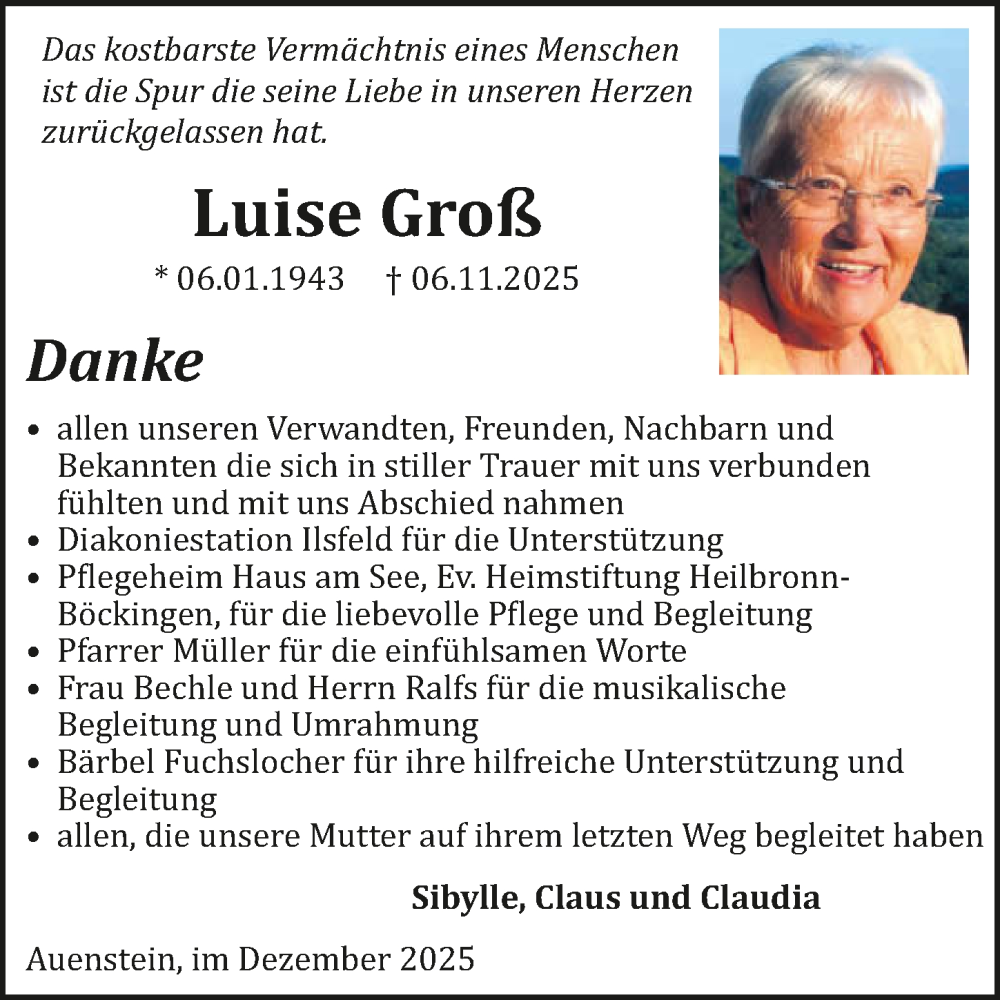  Traueranzeige für Luise Groß vom 06.12.2025 aus GESAMT