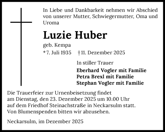 Traueranzeige von Luzie Huber von GESAMT