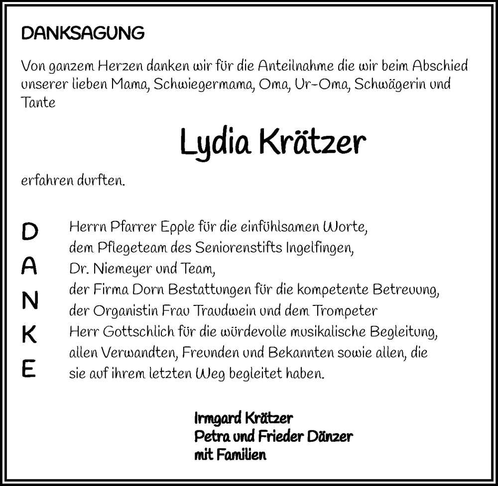  Traueranzeige für Lydia Krätzer vom 13.12.2025 aus GESAMT