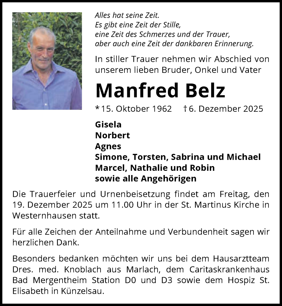  Traueranzeige für Manfred Belz vom 16.12.2025 aus GESAMT