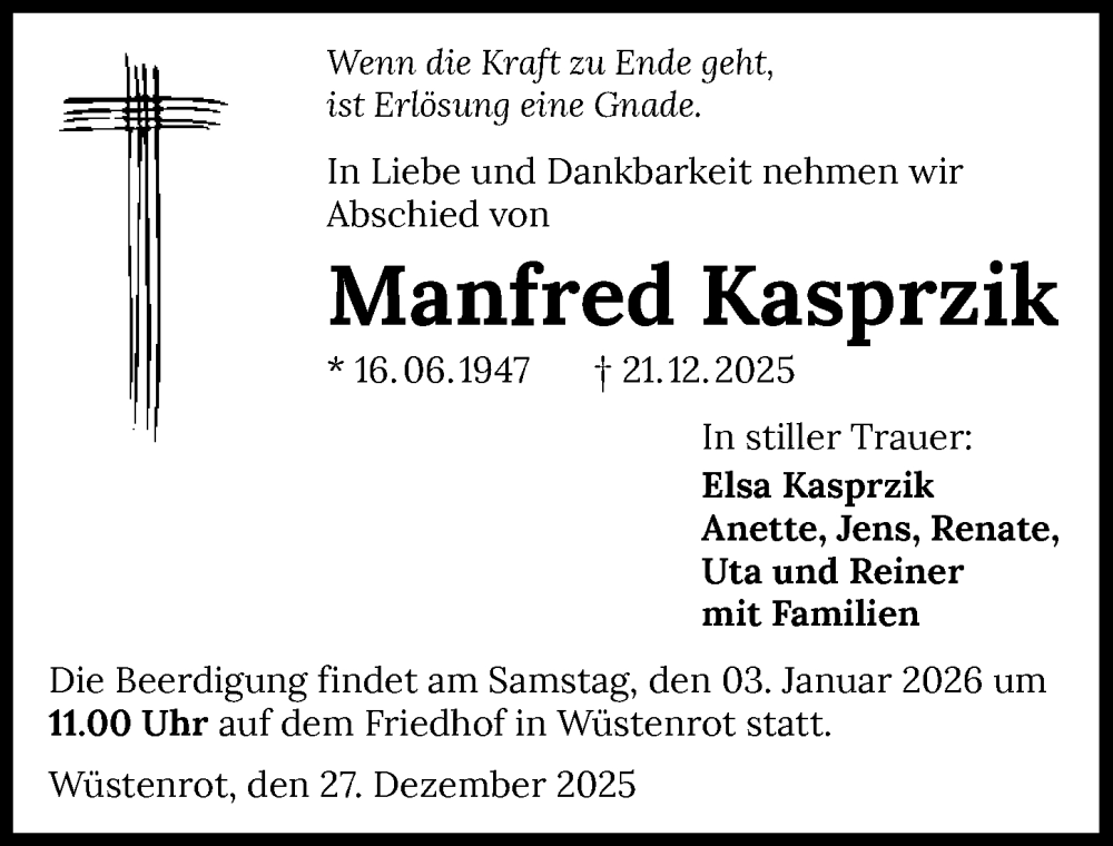  Traueranzeige für Manfred Kasprzik vom 27.12.2025 aus GESAMT