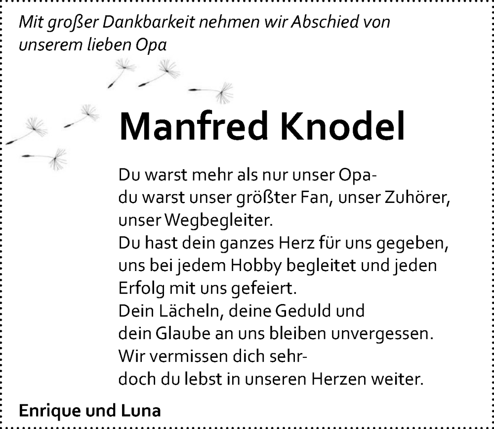  Traueranzeige für Manfred Knodel vom 27.12.2025 aus GESAMT