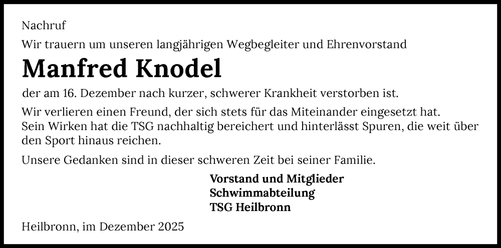  Traueranzeige für Manfred Knodel vom 27.12.2025 aus GESAMT