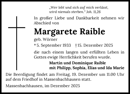 Traueranzeige von Margarete Raible von GESAMT