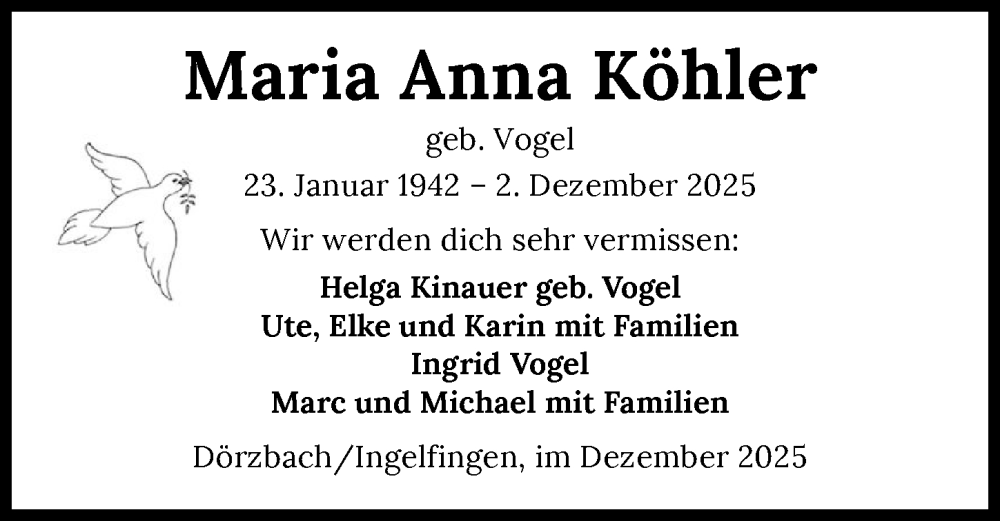  Traueranzeige für Maria Anna Köhler vom 19.12.2025 aus GESAMT