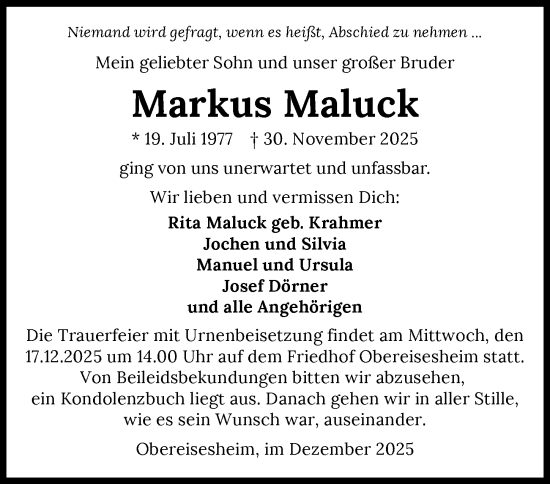 Traueranzeige von Markus Maluck von GESAMT