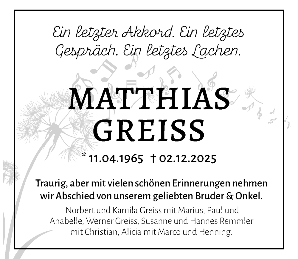  Traueranzeige für Matthias Greiss vom 06.12.2025 aus GESAMT