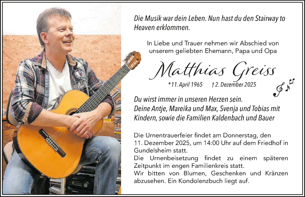  Traueranzeige für Matthias Greiss vom 06.12.2025 aus GESAMT