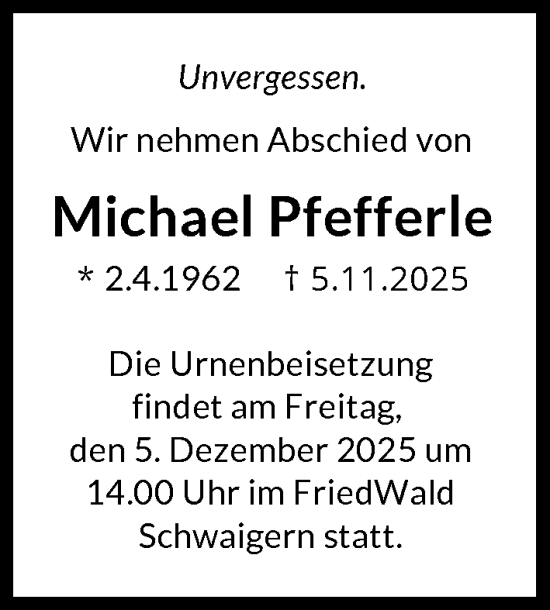 Traueranzeige von Michael Pfefferle von GESAMT