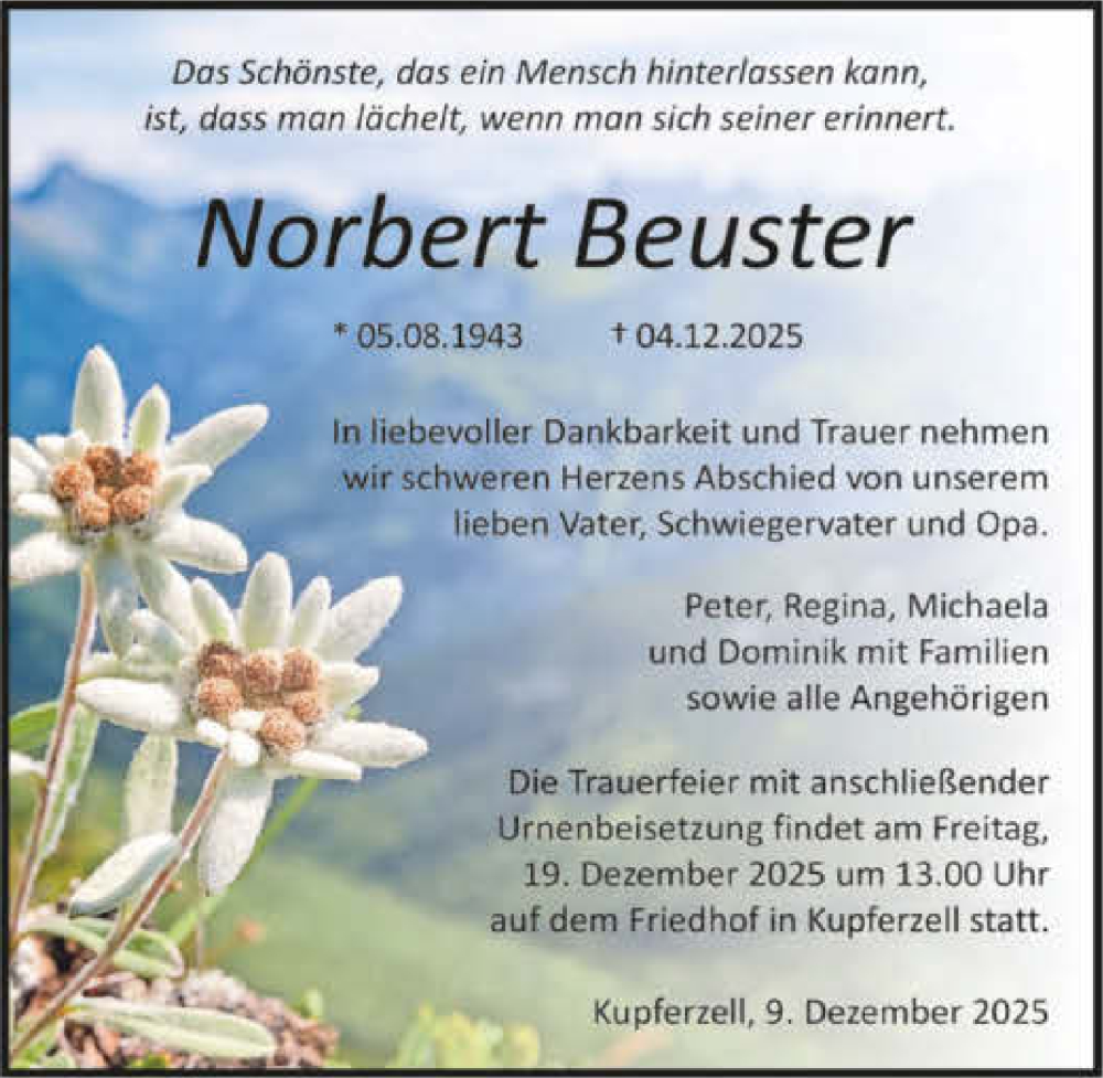  Traueranzeige für Norbert Beuster vom 09.12.2025 aus GESAMT