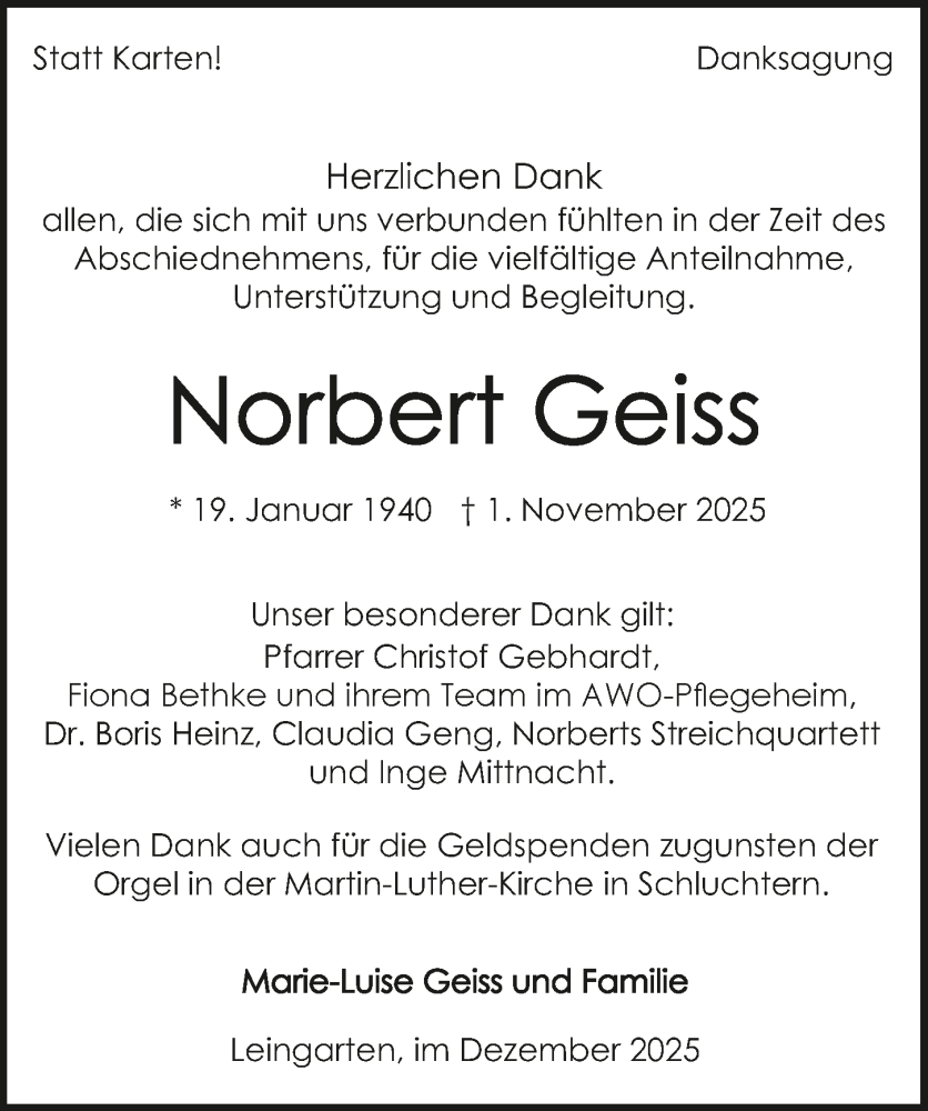  Traueranzeige für Norbert Geiss vom 06.12.2025 aus GESAMT