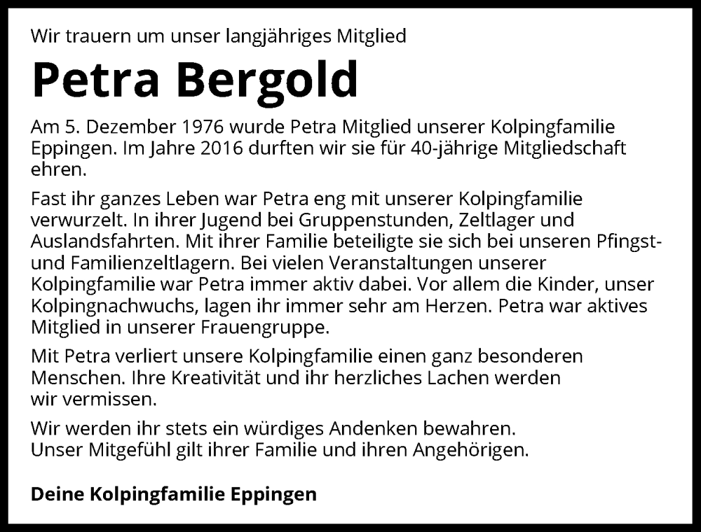  Traueranzeige für Petra Bergold vom 02.12.2025 aus GESAMT
