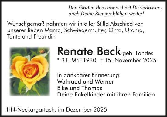 Traueranzeige von Renate Beck von GESAMT