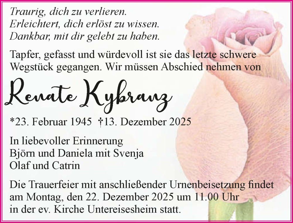  Traueranzeige für Renate Kybranz vom 20.12.2025 aus GESAMT