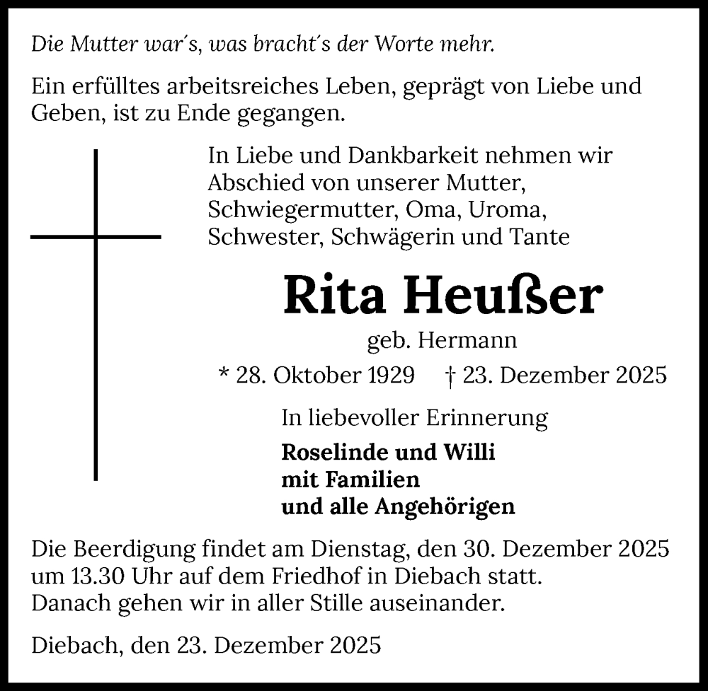  Traueranzeige für Rita Heußer vom 27.12.2025 aus GESAMT