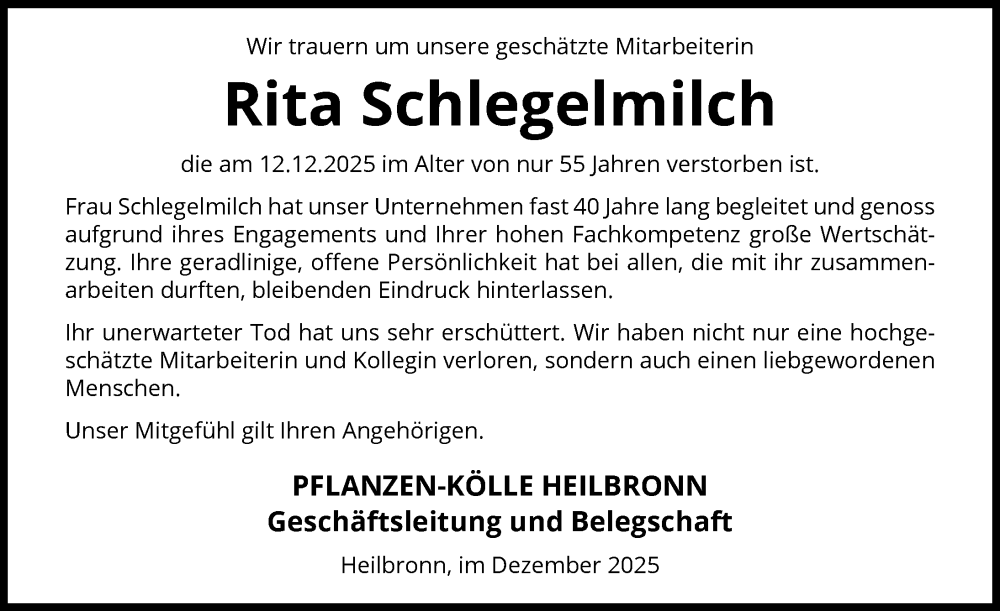  Traueranzeige für Rita Schlegelmilch vom 27.12.2025 aus GESAMT