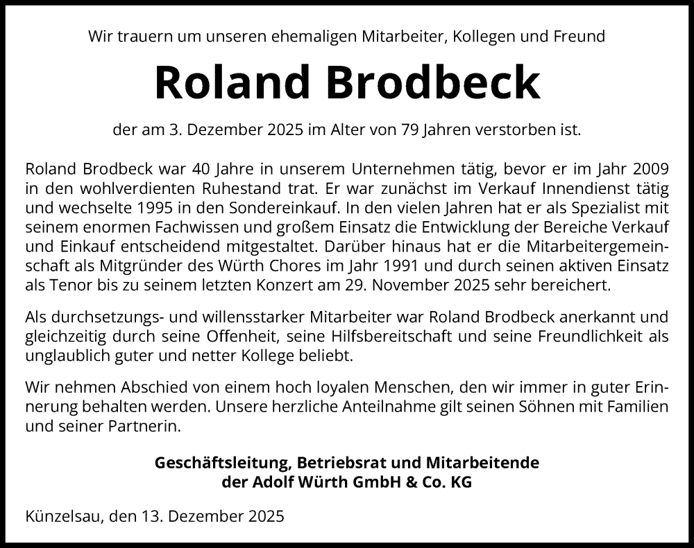  Traueranzeige für Roland Brodbeck vom 13.12.2025 aus GESAMT