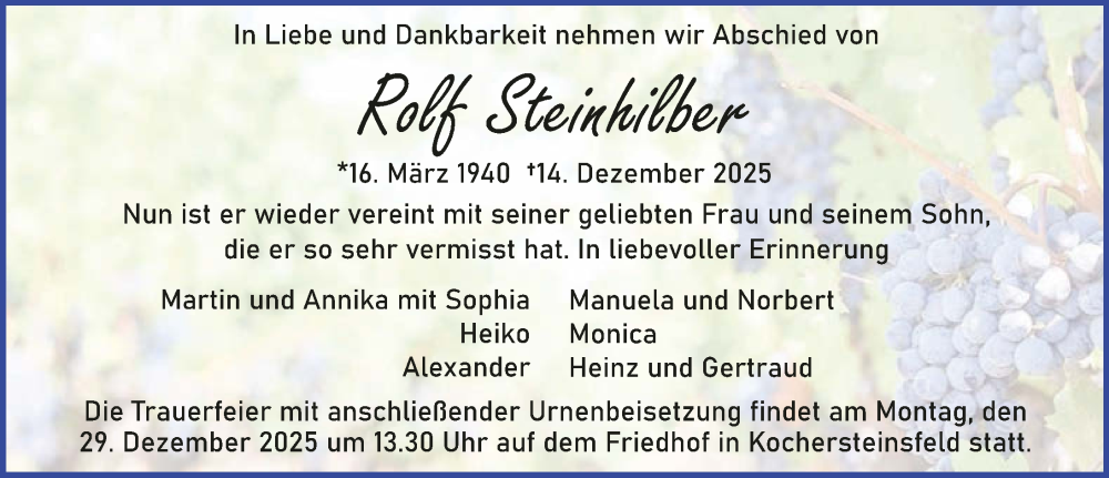  Traueranzeige für Rolf Steinhilber vom 20.12.2025 aus GESAMT