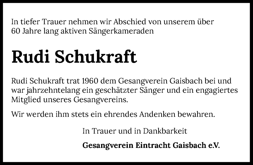  Traueranzeige für Rudi Schukraft vom 30.12.2025 aus GESAMT