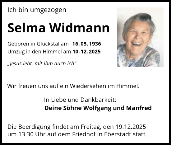 Traueranzeige von Selma Widmann von GESAMT