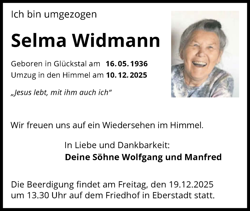  Traueranzeige für Selma Widmann vom 13.12.2025 aus GESAMT