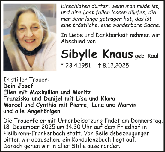 Traueranzeige von Sibylle Knaus von GESAMT