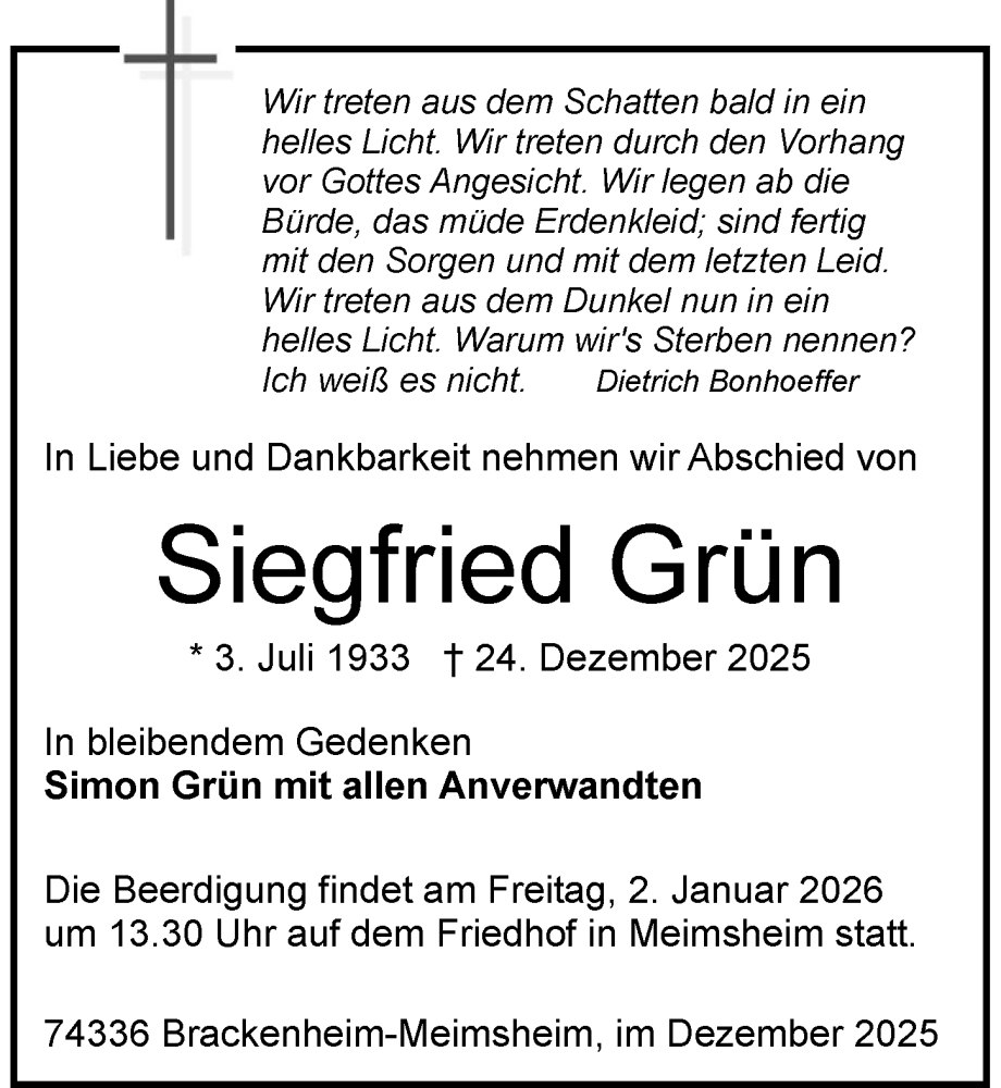  Traueranzeige für Siegfried Grün vom 30.12.2025 aus GESAMT