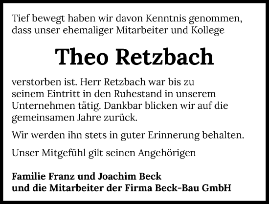 Traueranzeige von Theo Retzbach von GESAMT