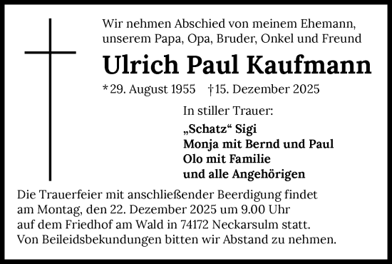 Traueranzeige von Ulrich Paul Kaufmann von GESAMT
