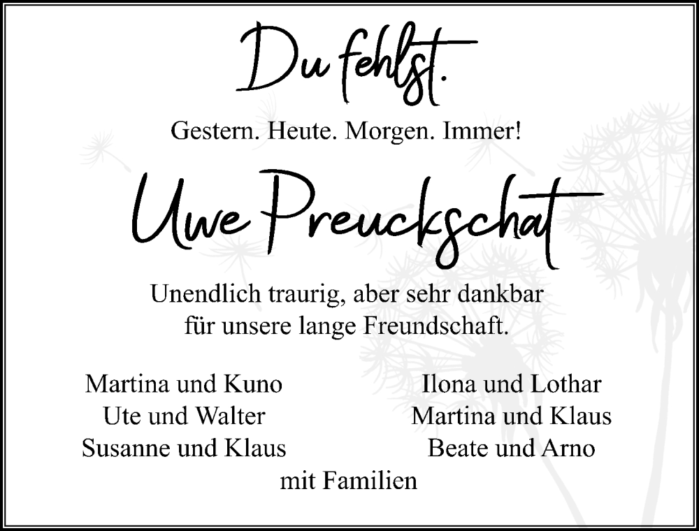  Traueranzeige für Uwe Preuckschat vom 06.12.2025 aus GESAMT