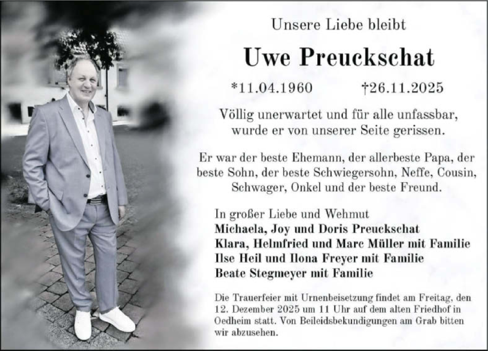  Traueranzeige für Uwe Preuckschat vom 06.12.2025 aus GESAMT