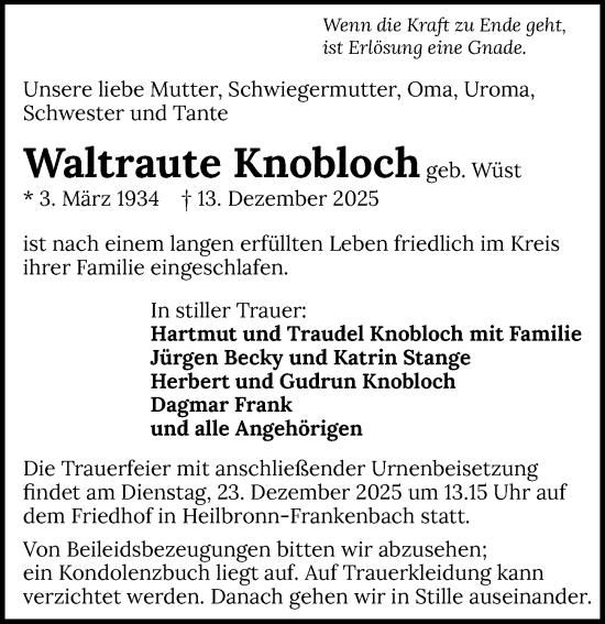 Traueranzeige von Waltraute Knobloch von GESAMT