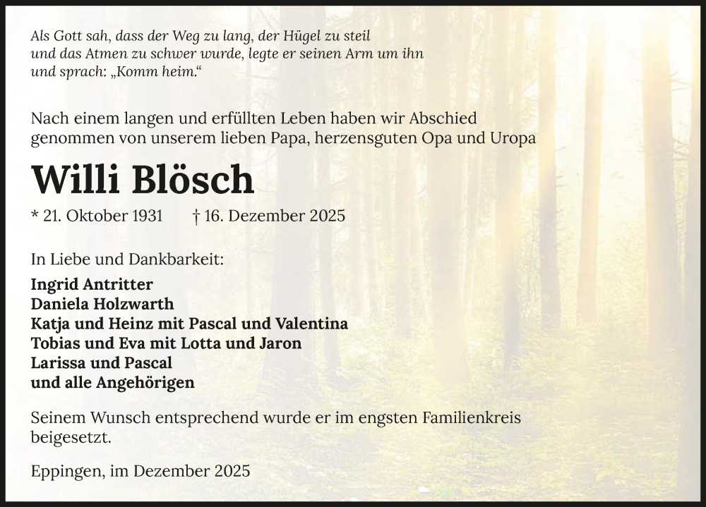  Traueranzeige für Willi Blösch vom 27.12.2025 aus GESAMT