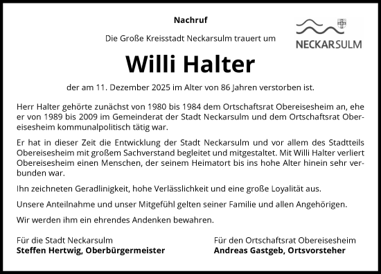 Traueranzeige von Willi Halter von GESAMT