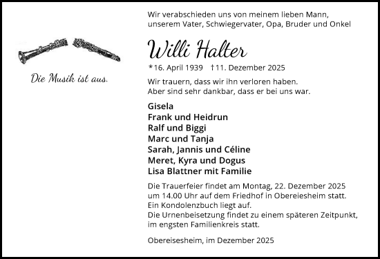 Traueranzeige von Willi Halter von GESAMT