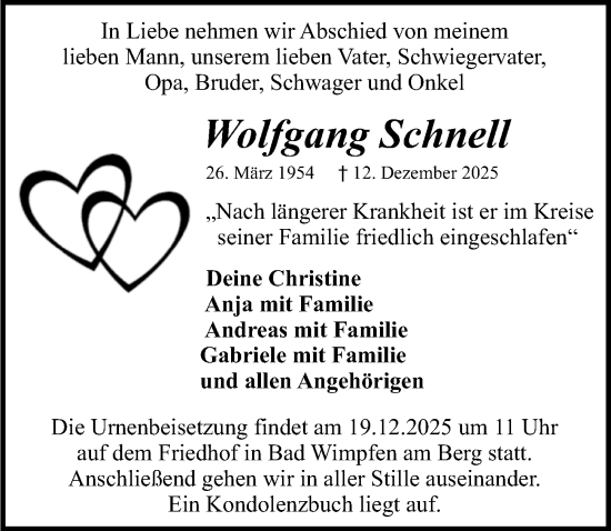 Traueranzeige von Wolfgang Schnell von GESAMT