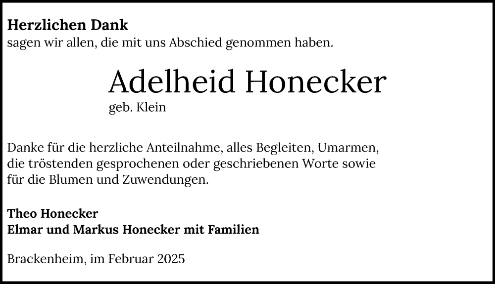  Traueranzeige für Adelheid Honecker vom 12.02.2025 aus GESAMT