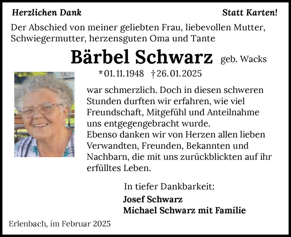  Traueranzeige für Bärbel Schwarz vom 26.02.2025 aus GESAMT