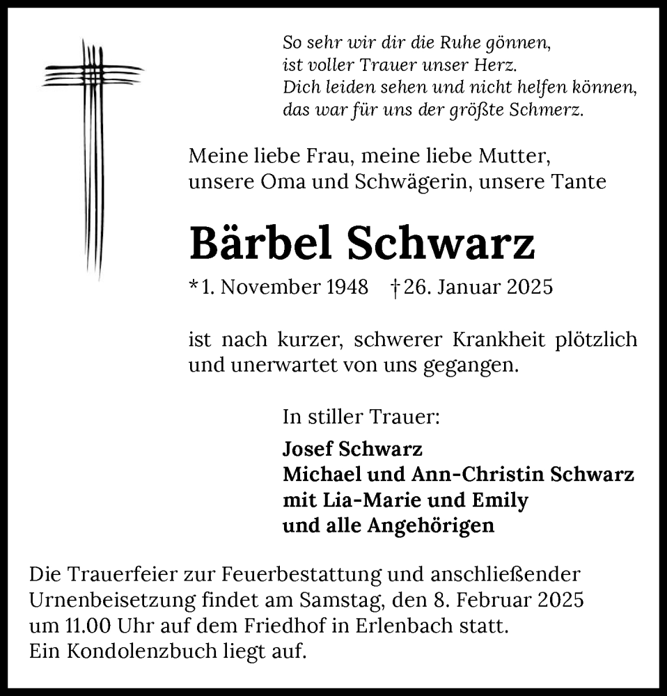  Traueranzeige für Bärbel Schwarz vom 01.02.2025 aus GESAMT