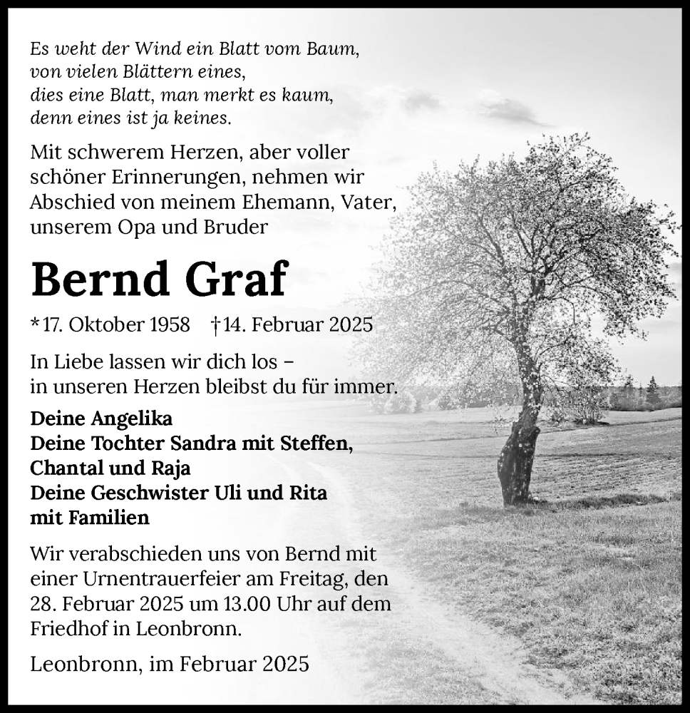 Traueranzeige für Bernd Graf vom 22.02.2025 aus GESAMT
