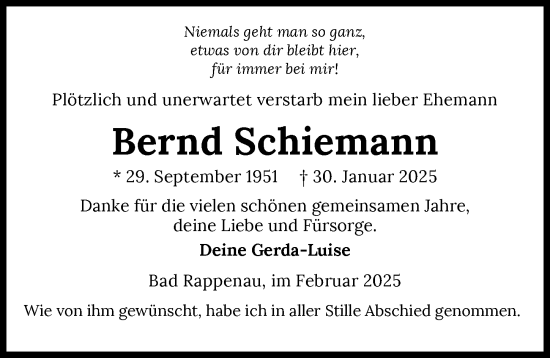Traueranzeige von Bernd Schiemann von GESAMT