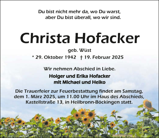 Traueranzeige von Christa Hofacker von GESAMT