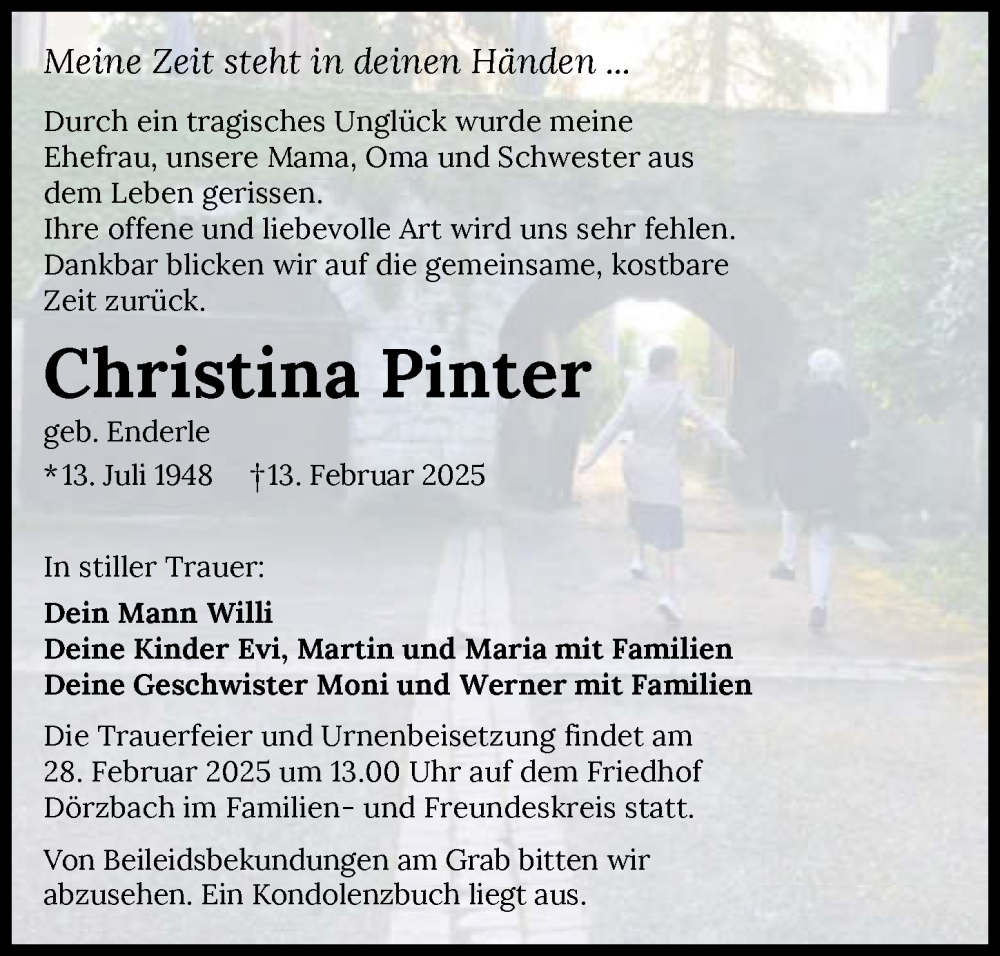 Traueranzeige für Christina Pinter vom 22.02.2025 aus GESAMT