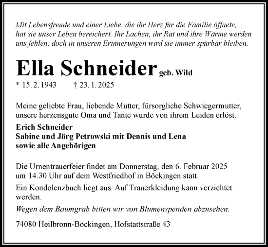 Traueranzeige von Ella Schneider von GESAMT