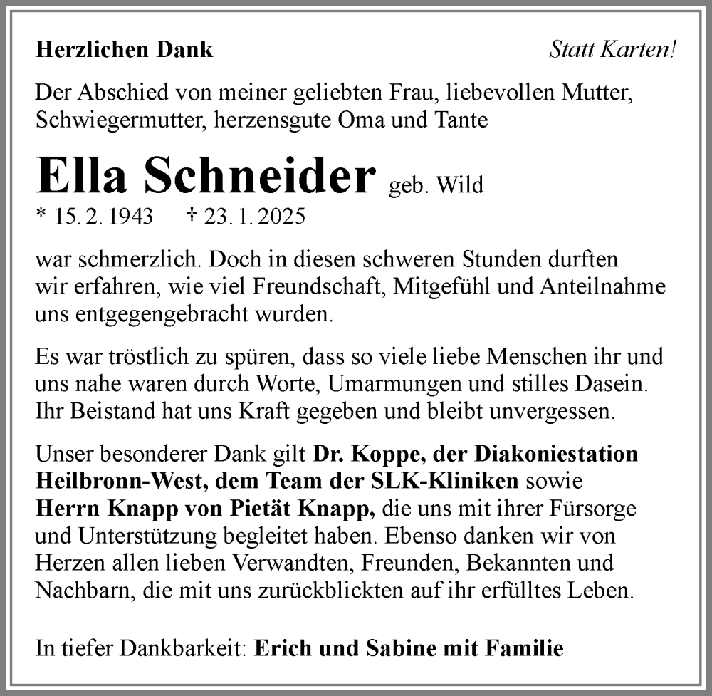  Traueranzeige für Ella Schneider vom 22.02.2025 aus GESAMT