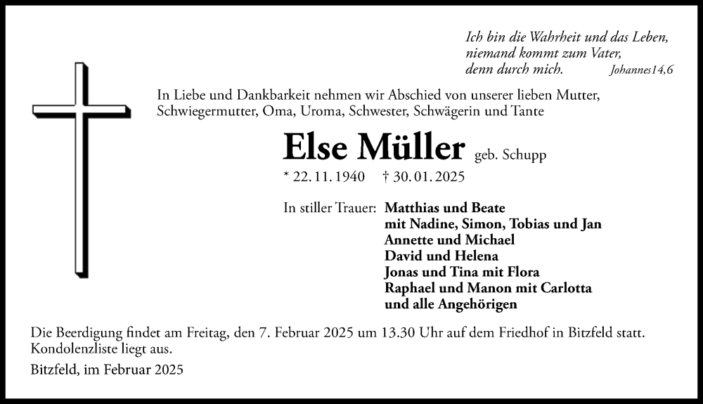  Traueranzeige für Else Müller vom 05.02.2025 aus GESAMT