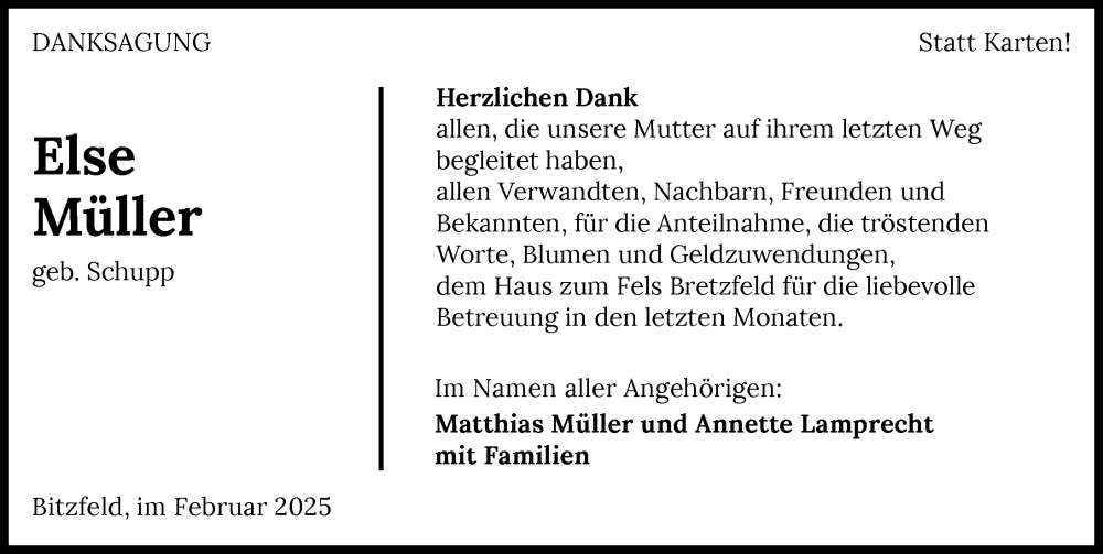  Traueranzeige für Else Müller vom 15.02.2025 aus GESAMT
