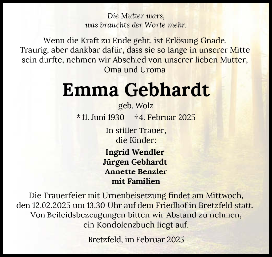 Traueranzeige von Emma Gebhardt von GESAMT